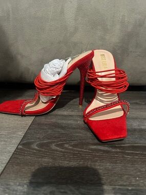 Miss Lola Red Strappy Crystal-Trim Stiletto Mule